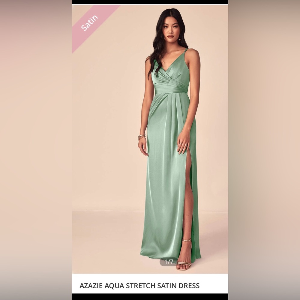 Azazie “Aqua” Bridesmaid Dress: A-Line V-Neck Pleated Stretch Satin Floor-Length
